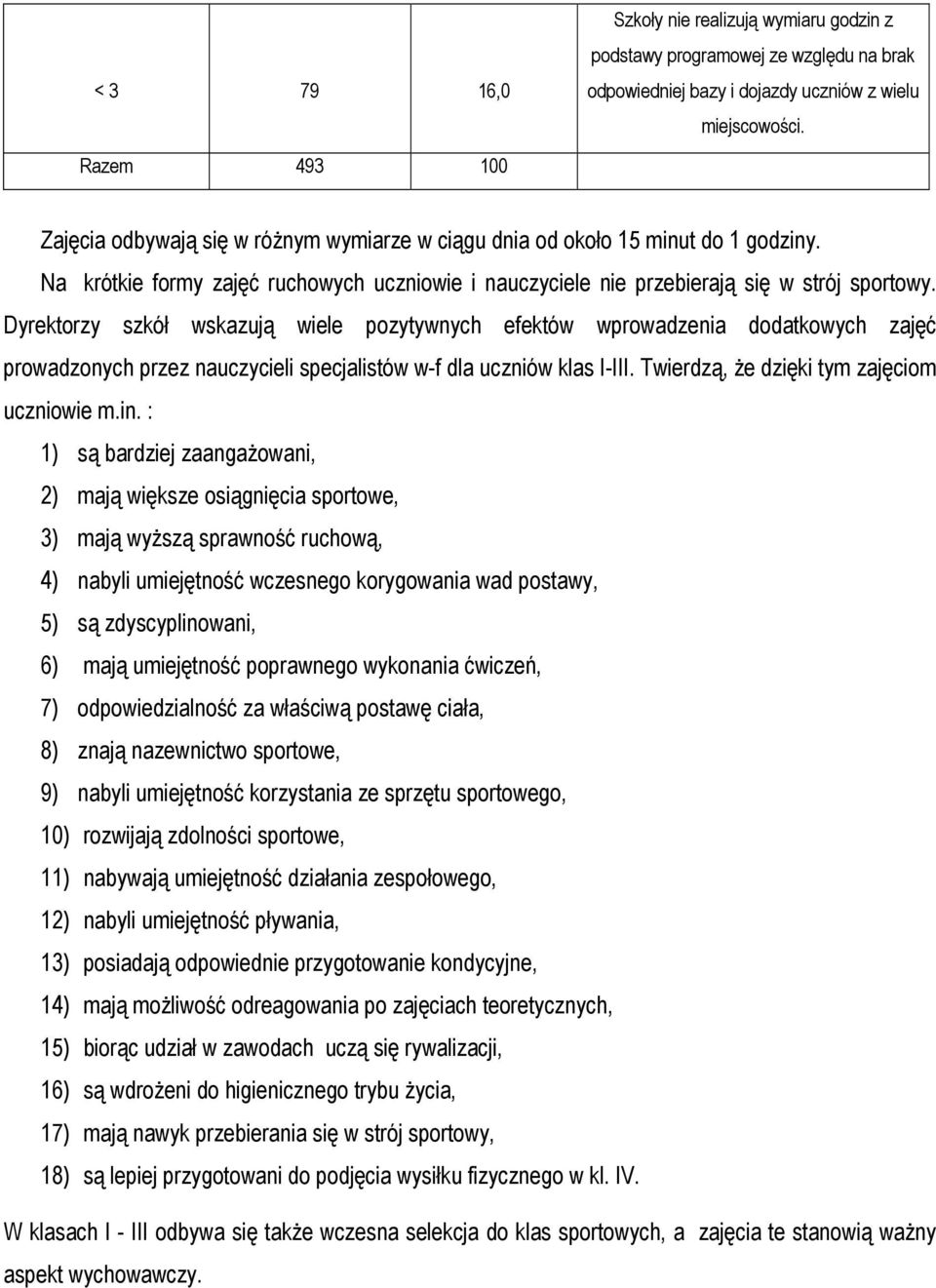 Dyrektorzy szkół wskazują wiele pozytywnych efektów wprowadzenia dodatkowych zajęć prowadzonych przez nauczycieli specjalistów w-f dla uczniów klas I-III. Twierdzą, że dzięki tym zajęciom uczniowie m.