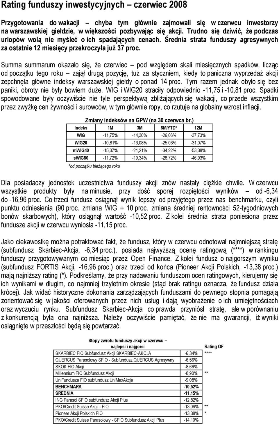 Summa summarum okazało się, że czerwiec pod względem skali miesięcznych spadków, licząc od początku tego roku zajął drugą pozycję, tuż za styczniem, kiedy to paniczna wyprzedaż akcji zepchnęła główne