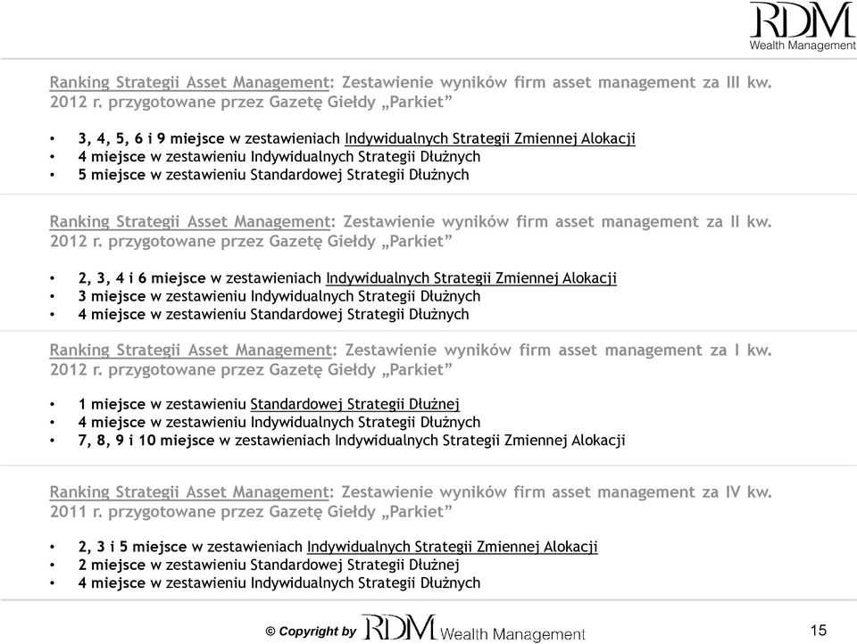 zestawieniu Standardowej Strategii Dłużnych Ranking Strategii Asset Management: Zestawienie wyników firm asset management za II kw. 2012 r.