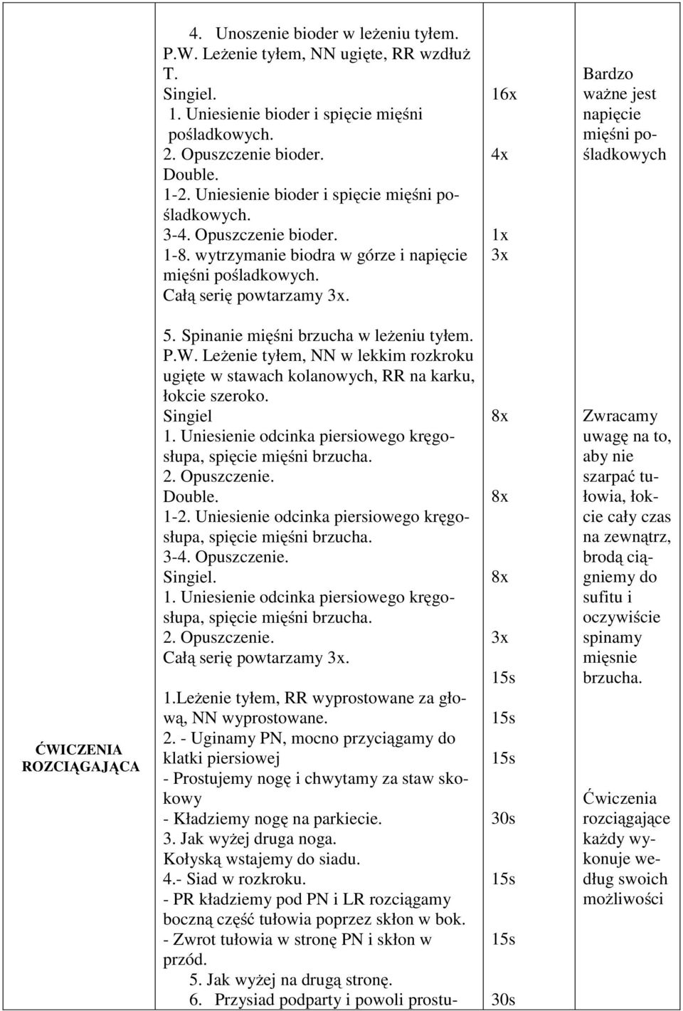 Bardzo ważne jest napięcie mięśni pośladkowych ĆWICZENIA ROZCIĄGAJĄCA 5. Spinanie mięśni brzucha w leżeniu tyłem. P.W. Leżenie tyłem, NN w lekkim rozkroku ugięte w stawach kolanowych, RR na karku, łokcie szeroko.