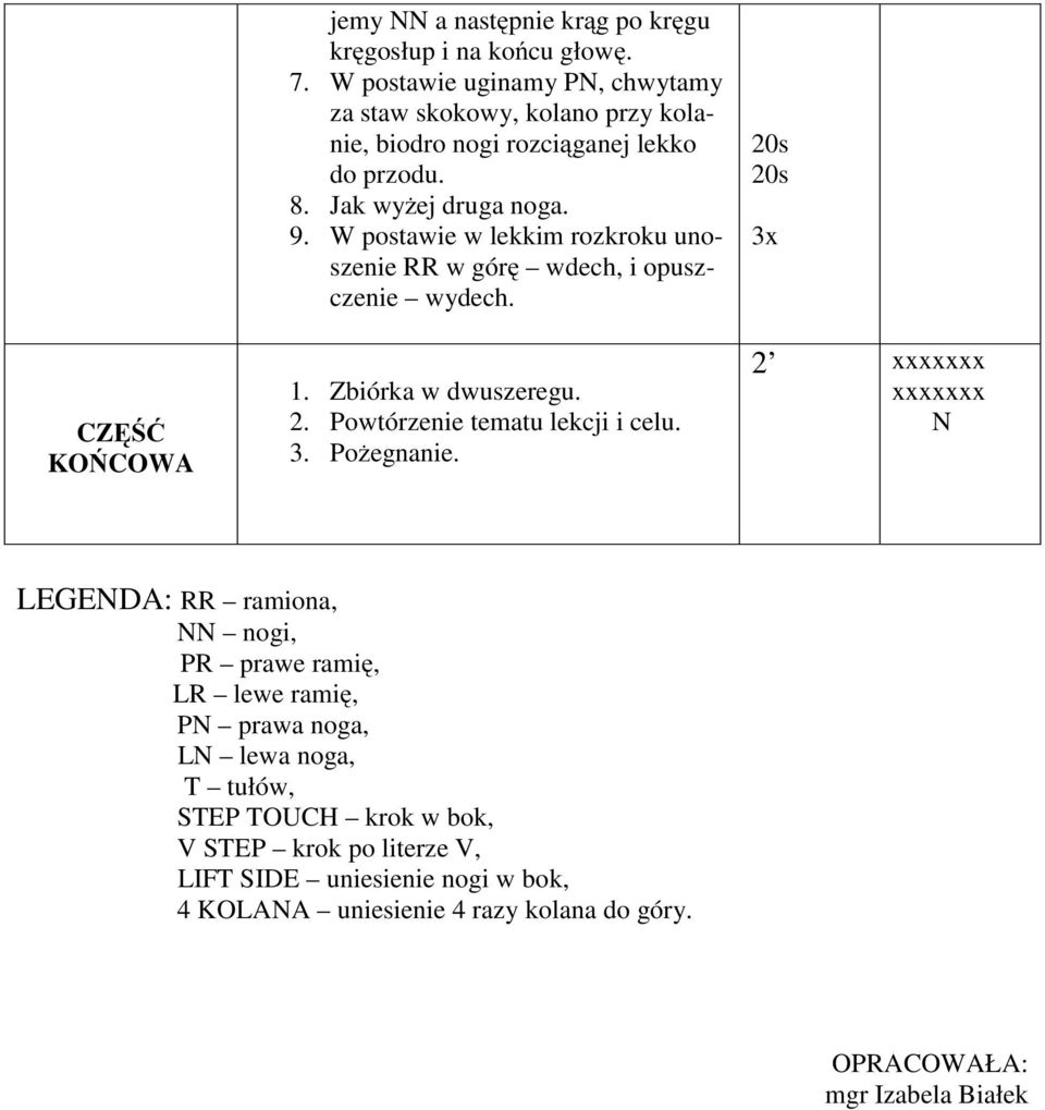 W postawie w lekkim rozkroku unoszenie RR w górę wdech, i opuszczenie wydech. 1. Zbiórka w dwuszeregu. 2. Powtórzenie tematu lekcji i celu. 3. Pożegnanie.