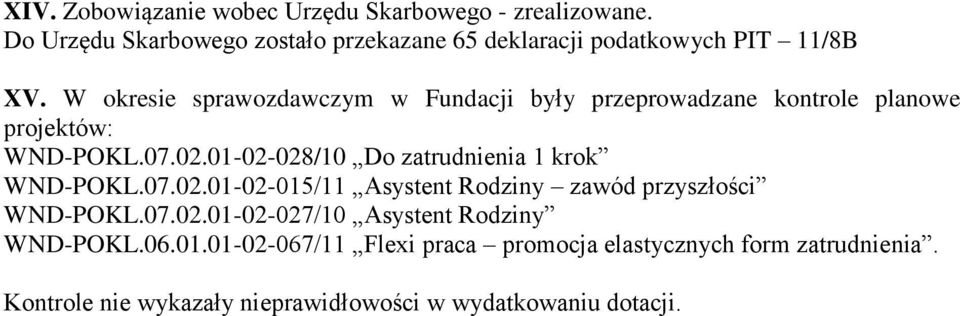 W okresie sprawozdawczym w Fundacji były przeprowadzane kontrole planowe projektów: WND-POKL.07.02.