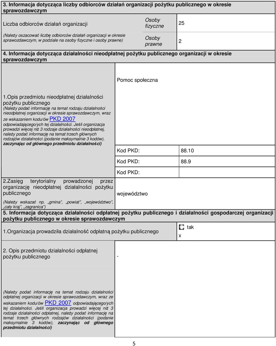 Informacja dotycząca działalności nieodpłatnej poŝytku publicznego organizacji w okresie sprawozdawczym 25 2 Pomoc społeczna 1.