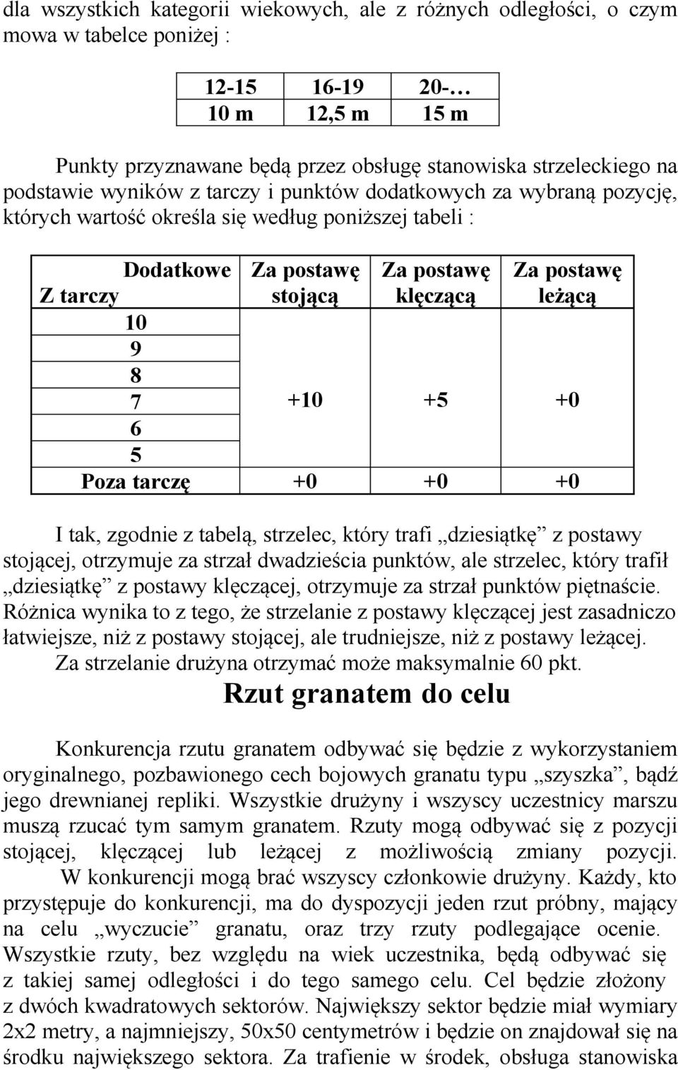 10 9 8 7 6 5 Poza tarczę +10 +5 I tak, zgodnie z tabelą, strzelec, który trafi dziesiątkę z postawy stojącej, otrzymuje za strzał dwadzieścia punktów, ale strzelec, który trafił dziesiątkę z postawy