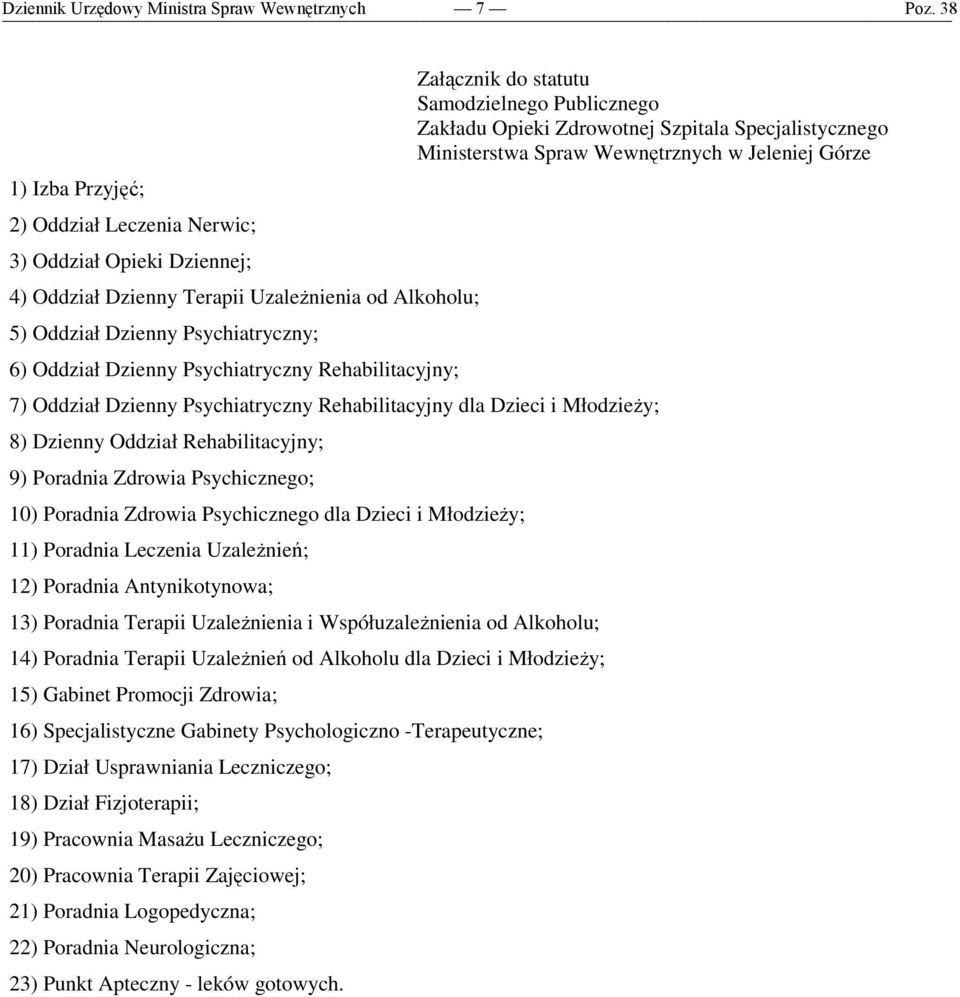 Rehabilitacyjny dla Dzieci i MłodzieŜy; 8) Dzienny Oddział Rehabilitacyjny; 9) Poradnia Zdrowia Psychicznego; 10) Poradnia Zdrowia Psychicznego dla Dzieci i MłodzieŜy; 11) Poradnia Leczenia