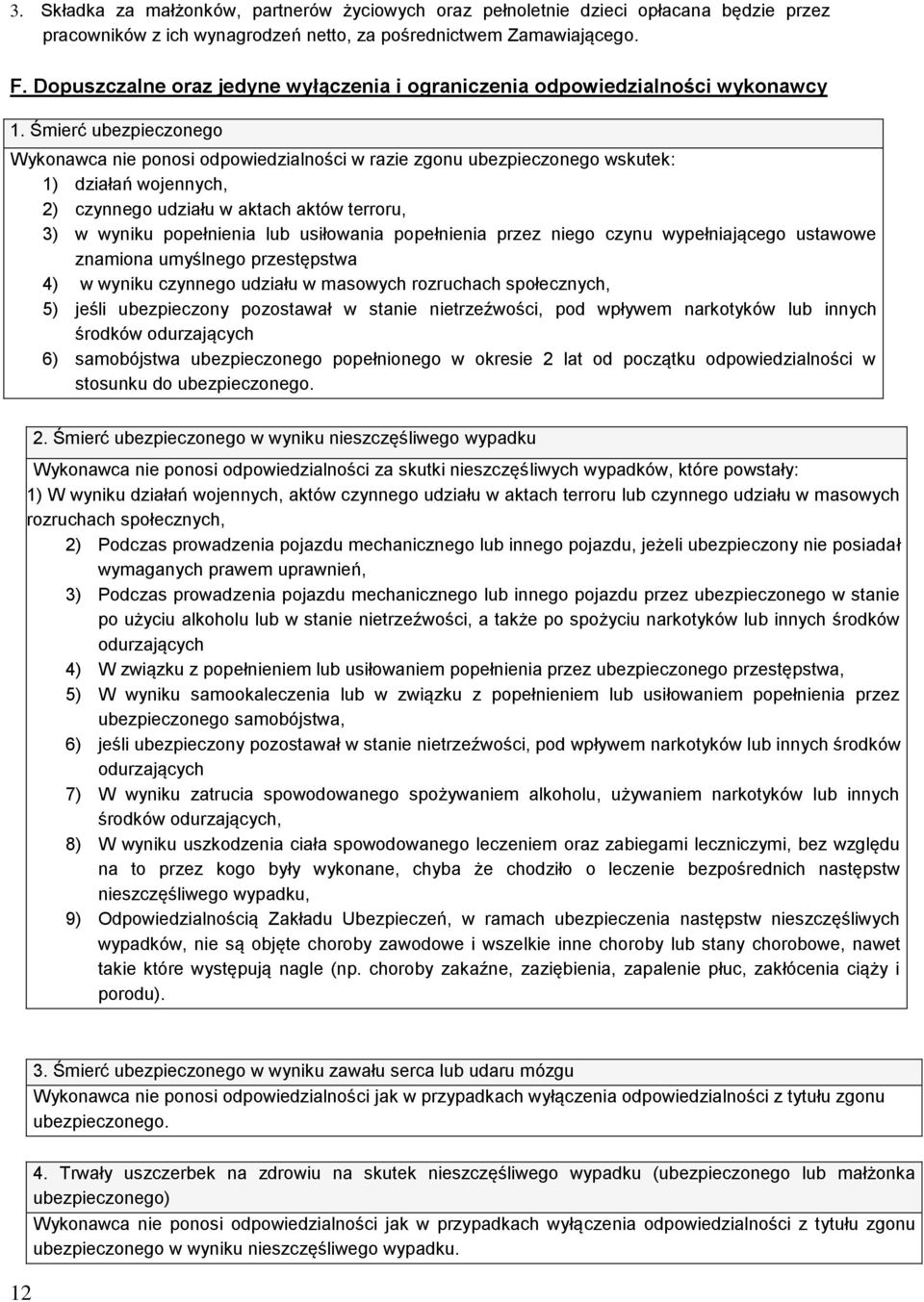 Śmierć ubezpieczonego Wykonawca nie ponosi odpowiedzialności w razie zgonu ubezpieczonego wskutek: 1) działań wojennych, 2) czynnego udziału w aktach aktów terroru, 3) w wyniku popełnienia lub