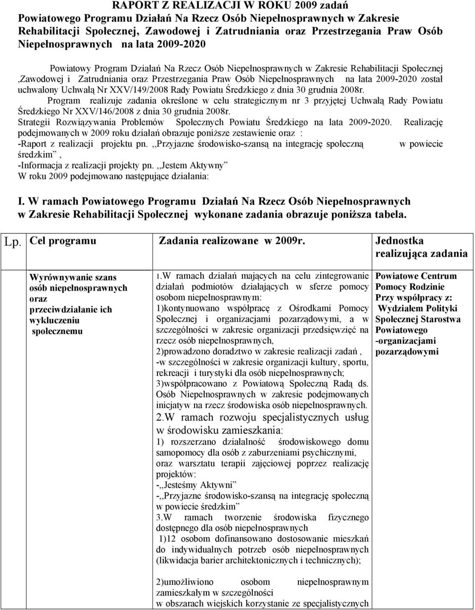 Niepełnosprawnych na lata 2009-2020 został uchwalony Uchwałą Nr XXV/149/2008 Rady Powiatu Średzkiego z dnia 30 grudnia 2008r.