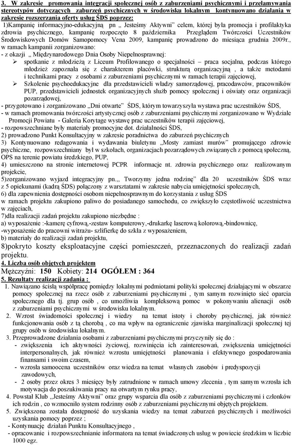 Przeglądem TwÄrczości UczestnikÄw Środowiskowych DomÄw Samopomocy Vena 2009, kampanię prowadzono do miesiąca grudnia 2009r.