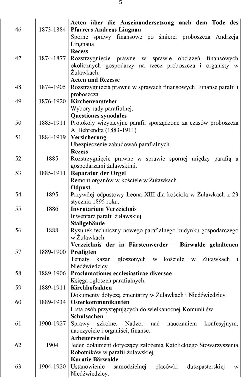 48 1874-1905 Acten und Rezesse Rozstrzygnięcia prawne w sprawach finansowych. Finanse parafii i proboszcza. 49 1876-1920 Kirchenvorsteher Wybory rady parafialnej.