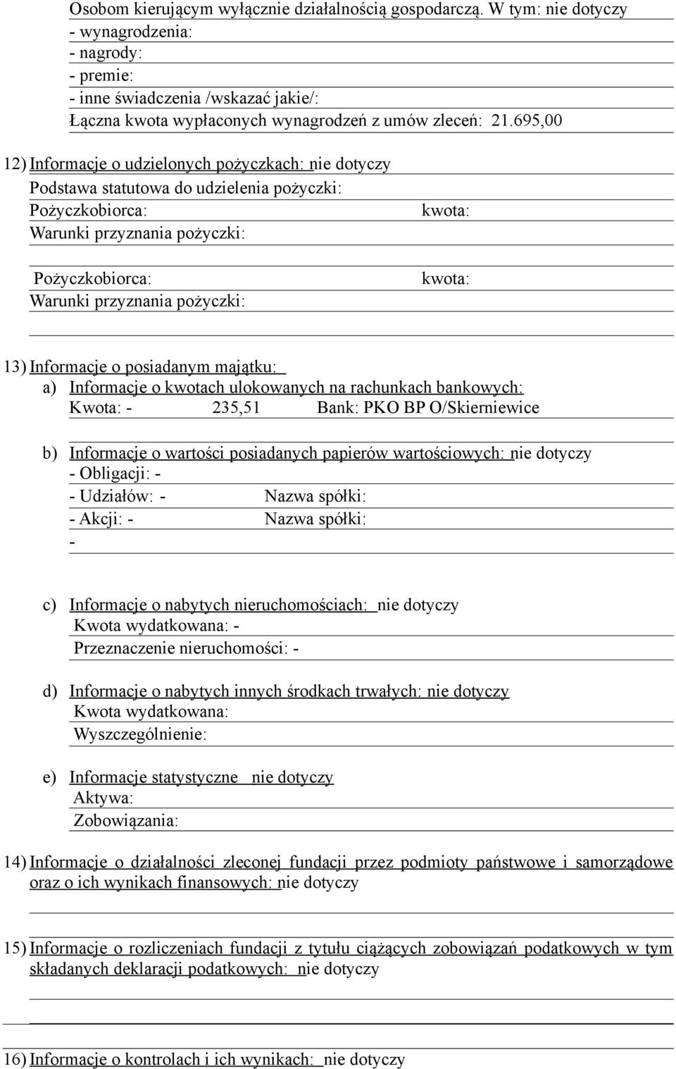 kwota: 13) Informacje o posiadanym majątku: a) Informacje o kwotach ulokowanych na rachunkach bankowych: Kwota: 235,51 Bank: PKO BP O/Skierniewice b) Informacje o wartości posiadanych papierów