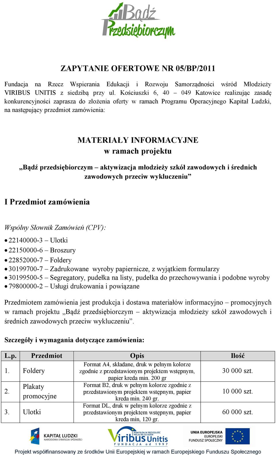 w ramach projektu Bądź przedsiębiorczym aktywizacja młodzieży szkół zawodowych i średnich zawodowych przeciw wykluczeniu I Przedmiot zamówienia Wspólny Słownik Zamówień (CPV): 22140000-3 Ulotki