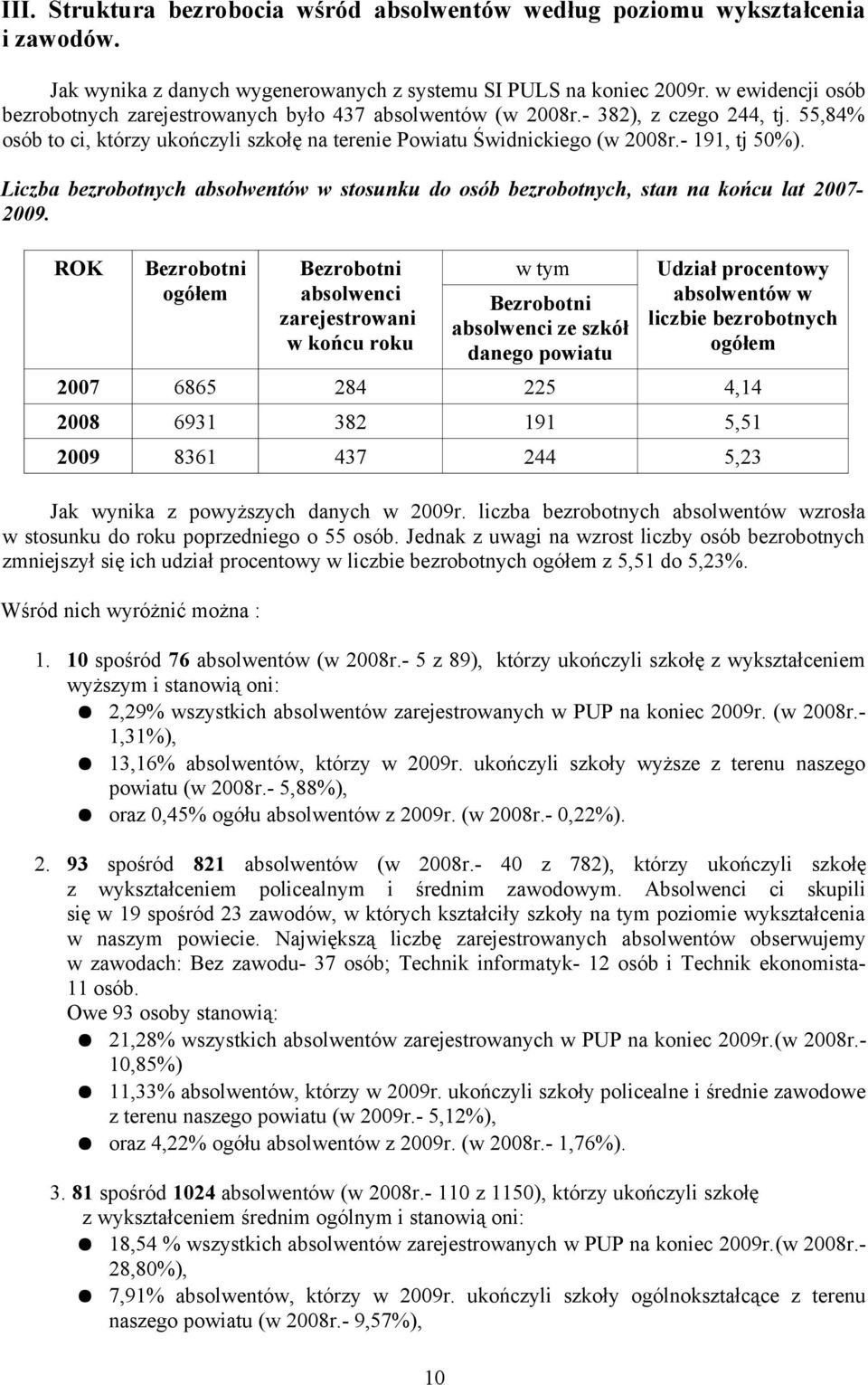 Liczba bezrobotnych absolwentów w stosunku do osób bezrobotnych, stan na końcu lat 2007-2009.