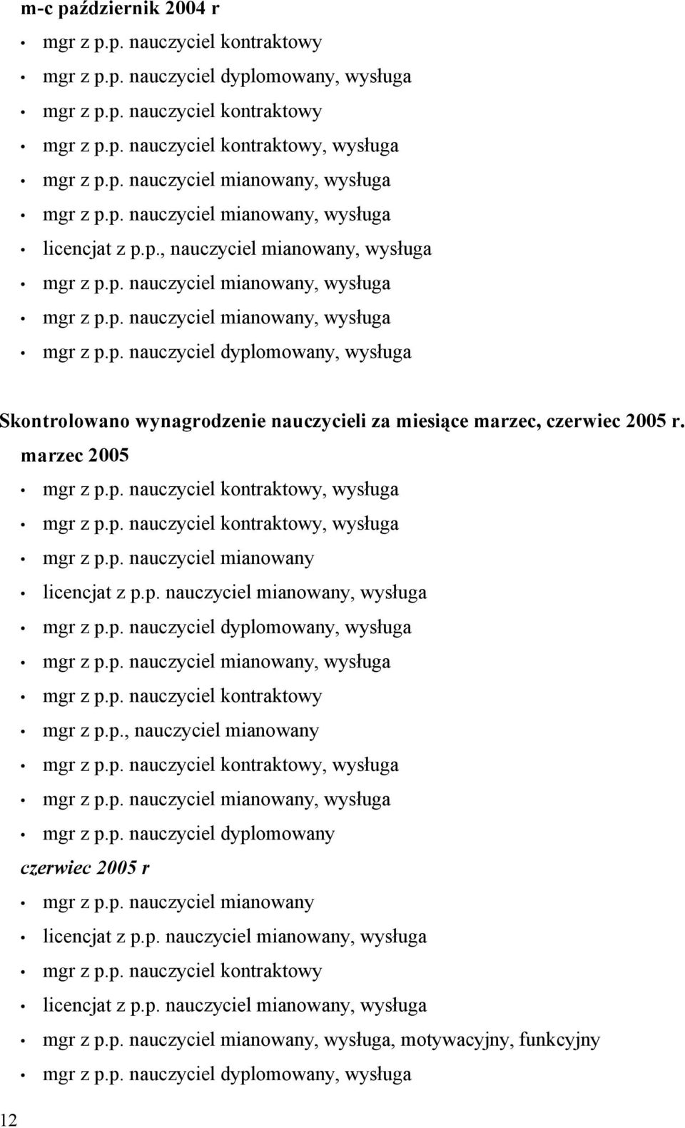 p. nauczyciel dyplomowany czerwiec 2005 r licencjat z p.p. nauczyciel mianowany, wysługa licencjat z p.p. nauczyciel mianowany, wysługa, wysługa, motywacyjny, funkcyjny mgr z p.