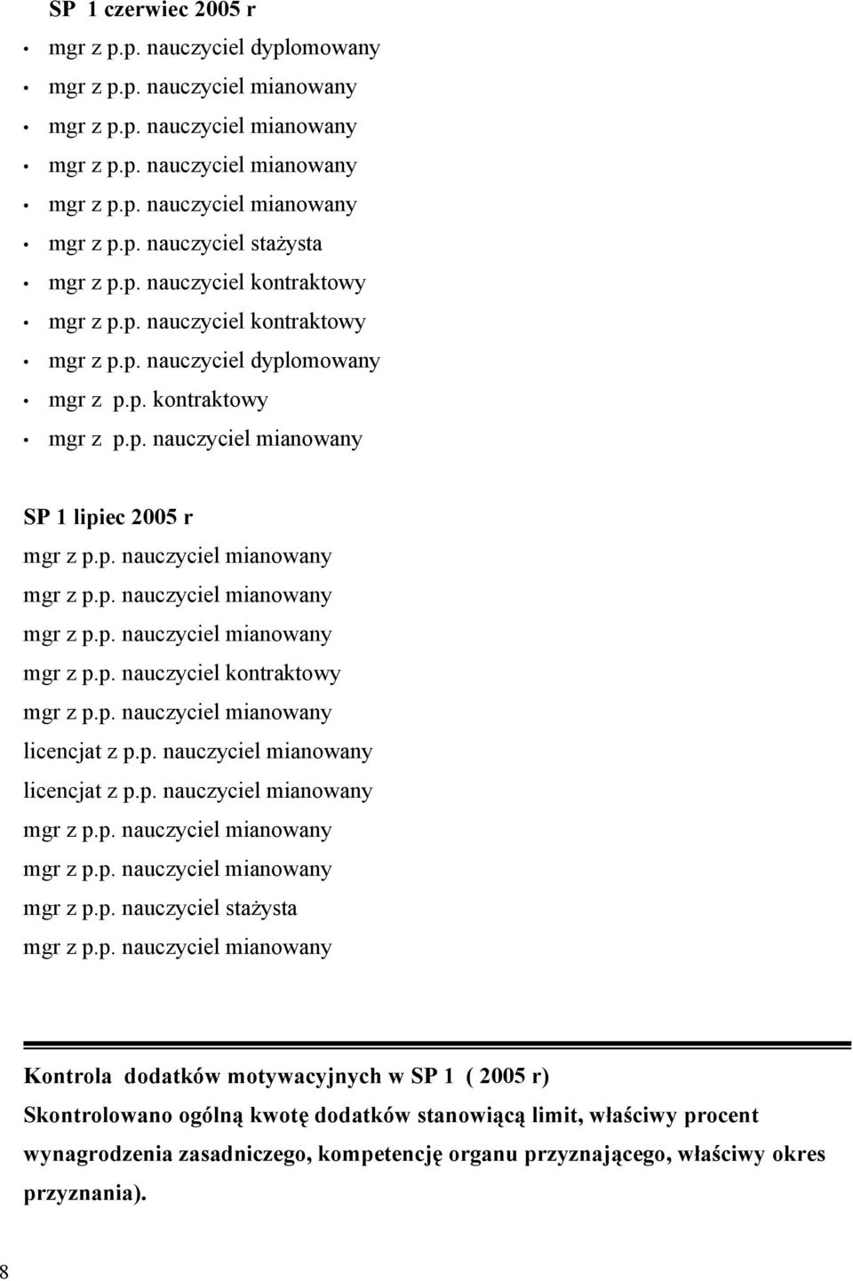 p. nauczyciel mianowany Kontrola dodatków motywacyjnych w SP 1 ( 2005 r) Skontrolowano ogólną kwotę dodatków stanowiącą limit, właściwy procent wynagrodzenia zasadniczego, kompetencję