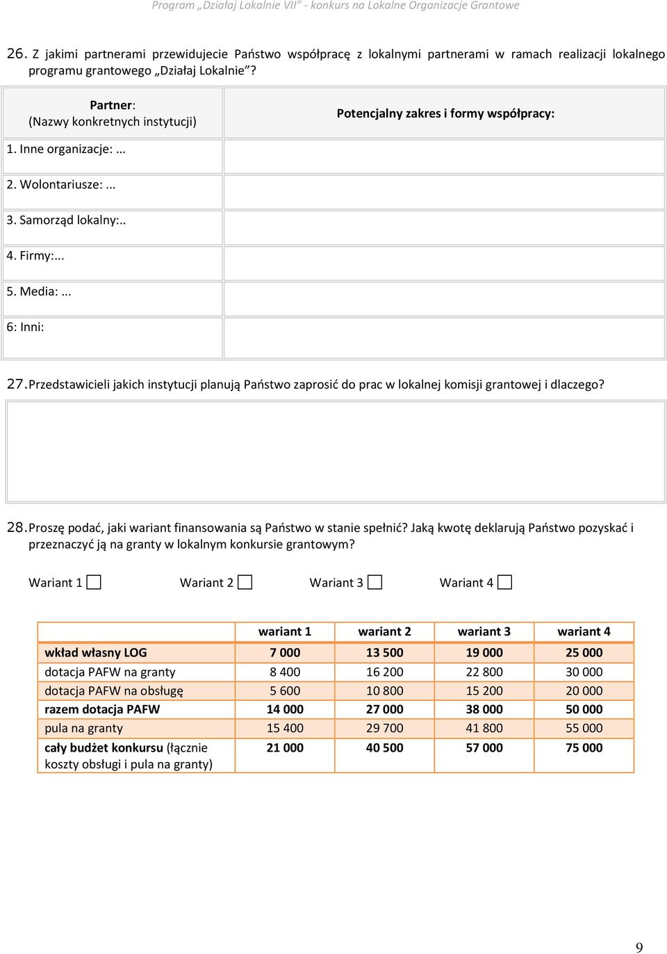 Przedstawicieli jakich instytucji planują Państwo zaprosić do prac w lokalnej komisji grantowej i dlaczego? 28.Proszę podać, jaki wariant finansowania są Państwo w stanie spełnić?