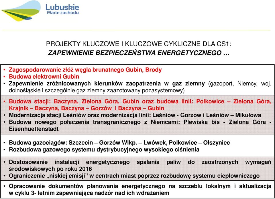 dolnośląskie i szczególnie gaz ziemny zaazotowany pozasystemowy) Budowa stacji: Baczyna, Zielona Góra, Gubin oraz budowa linii: Polkowice Zielona Góra, Krajnik Baczyna, Baczyna Gorzów i Baczyna Gubin