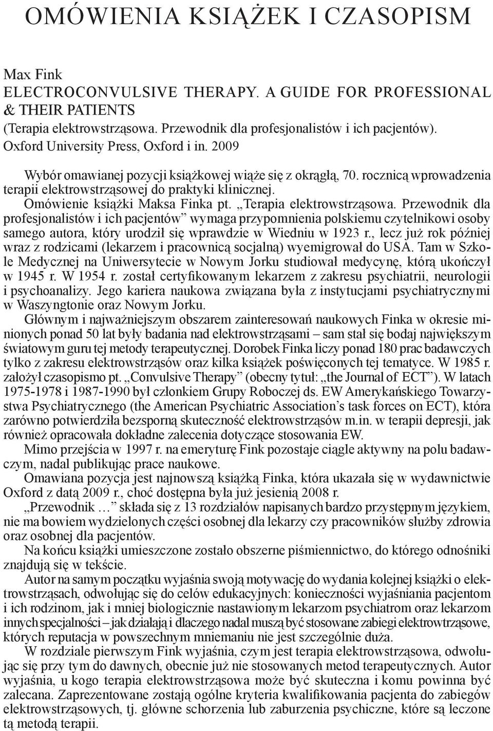 Omówienie książki Maksa Finka pt. Terapia elektrowstrząsowa.