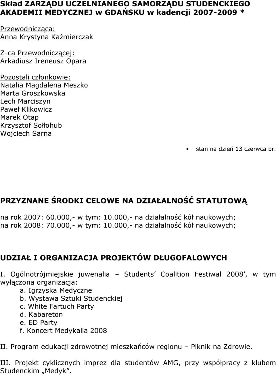 PRZYZNANE ŚRODKI CELOWE NA DZIAŁALNOŚĆ STATUTOWĄ na rok 2007: 60.000,- w tym: 10.000,- na działalność kół naukowych; na rok 2008: 70.000,- w tym: 10.000,- na działalność kół naukowych; UDZIAŁ I ORGANIZACJA PROJEKTÓW DŁUGOFALOWYCH I.