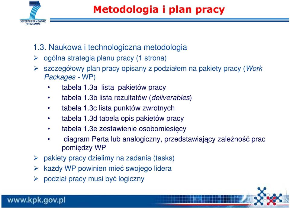 (Work Packages - WP) tabela 1.3a lista pakietów pracy tabela 1.3b lista rezultatów (deliverables) tabela 1.