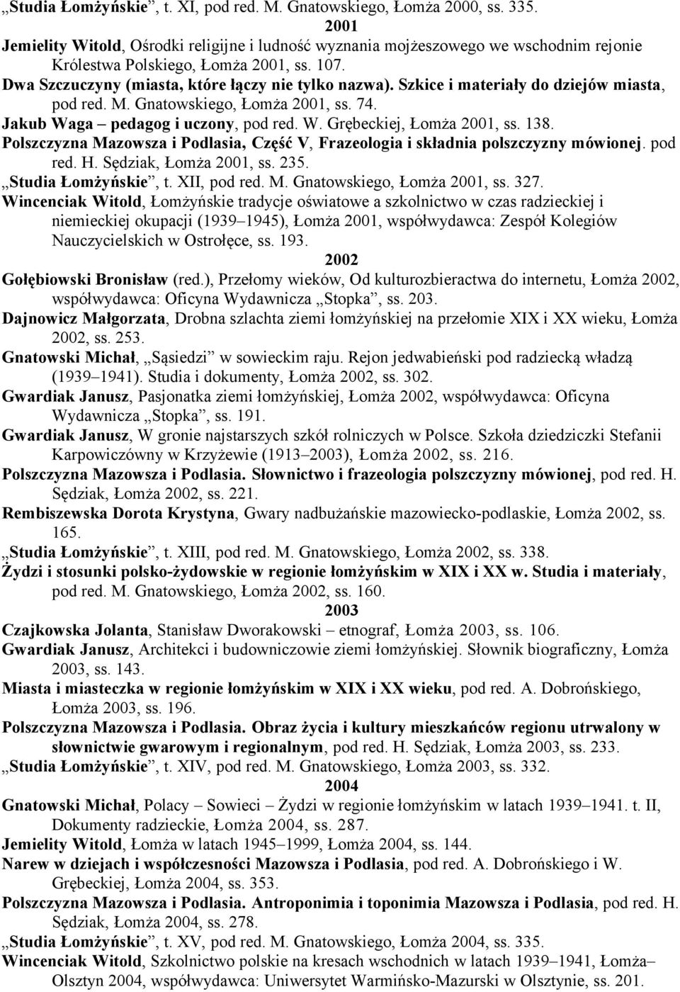 Szkice i materiały do dziejów miasta, pod red. M. Gnatowskiego, Łomża 2001, ss. 74. Jakub Waga pedagog i uczony, pod red. W. Grębeckiej, Łomża 2001, ss. 138.