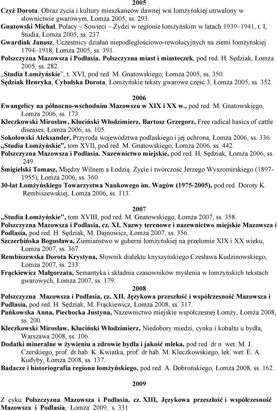 Gwardiak Janusz, Uczestnicy działań niepodleglościowo-rewolucyjnych na ziemi łomżyńskiej 1794 1918, Łomża 2005, ss. 391. Polszczyzna Mazowsza i Podlasia. Polszczyzna miast i miasteczek, pod red. H.