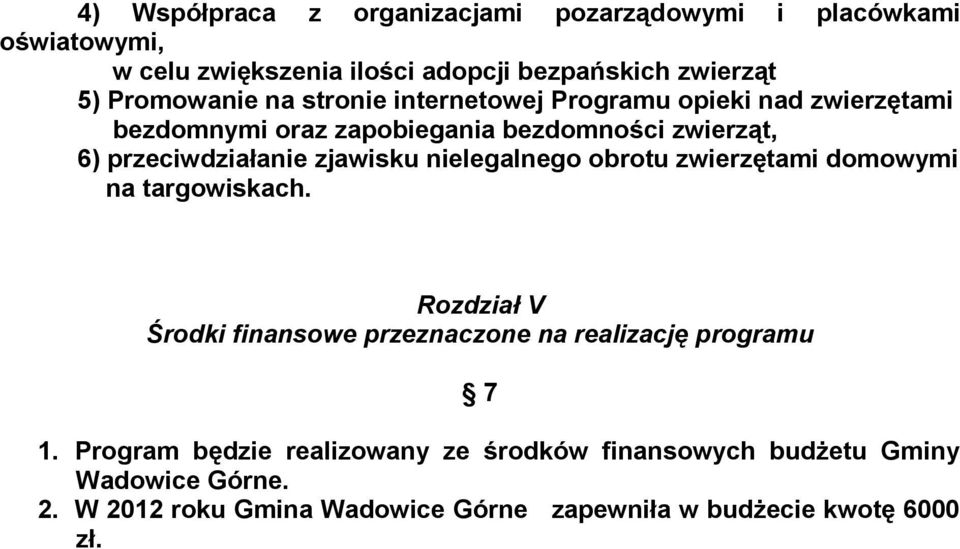 nielegalnego obrotu zwierzętami domowymi na targowiskach. Rozdział V Środki finansowe przeznaczone na realizację programu 7 1.