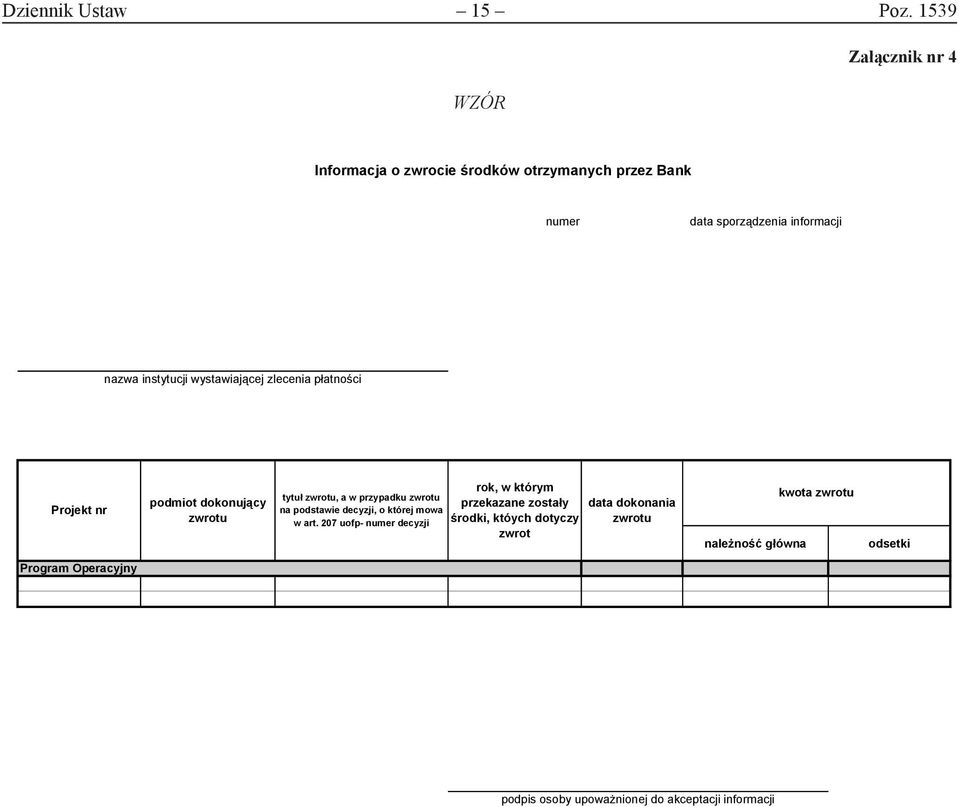 wystawiającej zlecenia płatności Projekt nr podmiot dokonujący zwrotu tytuł zwrotu, a w przypadku zwrotu na podstawie decyzji, o