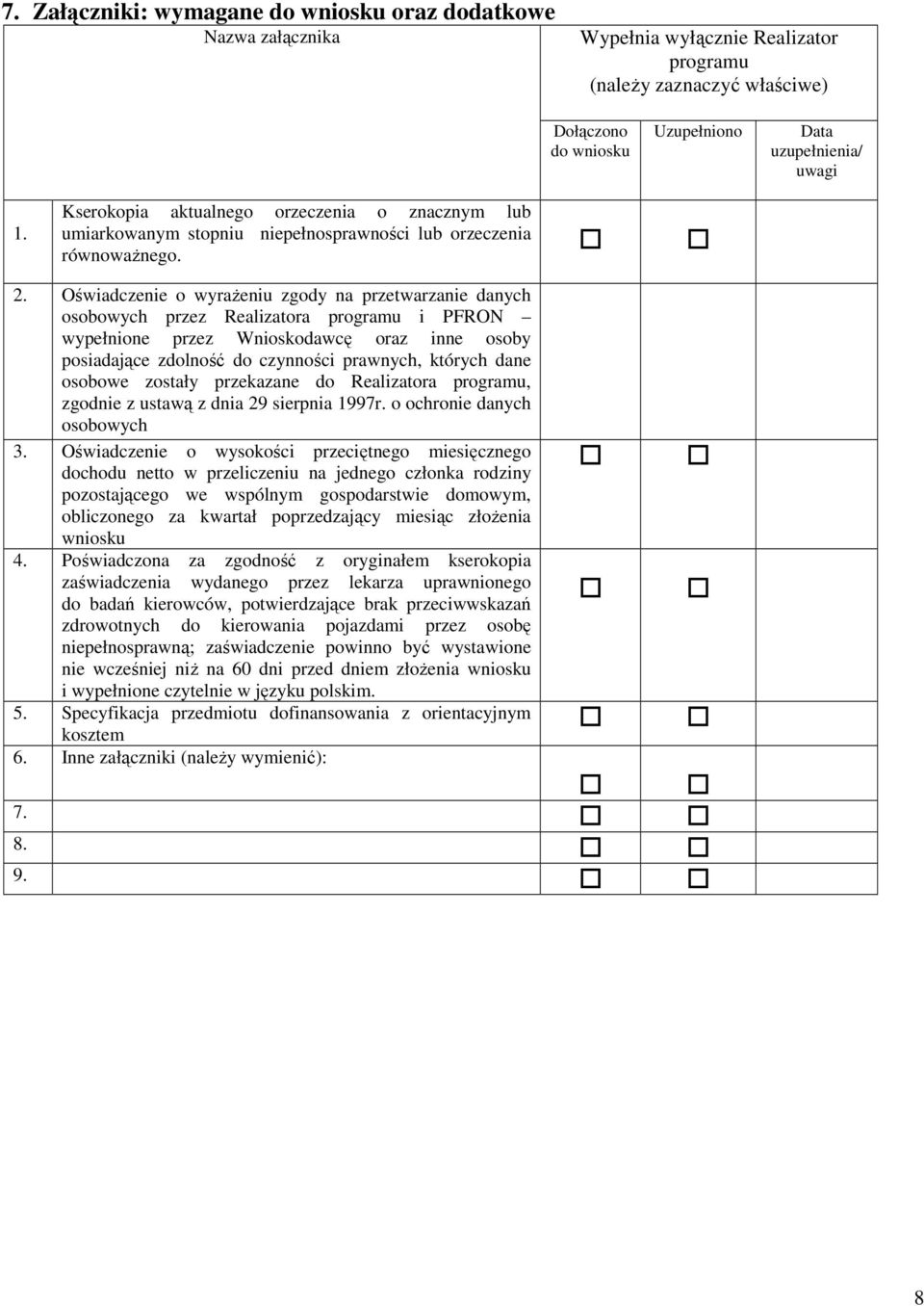 Oświadczenie o wyrażeniu zgody na przetwarzanie danych osobowych przez Realizatora programu i PFRON wypełnione przez Wnioskodawcę oraz inne osoby posiadające zdolność do czynności prawnych, których