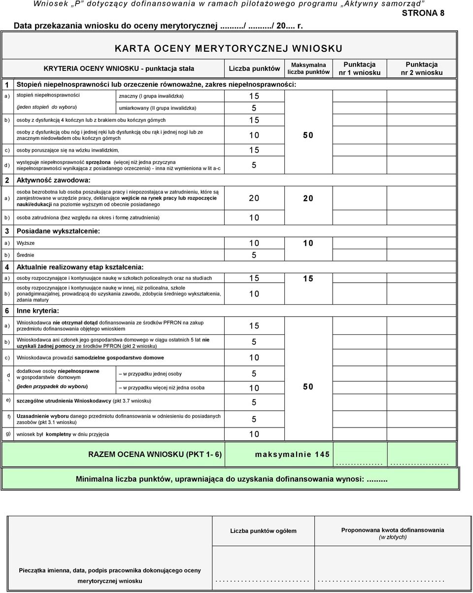 niepełnosprawności znaczny (I grupa inwalidzka) 15 (jeden stopień do wyboru) umiarkowany (II grupa inwalidzka) 5 b) osoby z dysfunkcją 4 kończyn lub z brakiem obu kończyn górnych 15 Maksymalna liczba