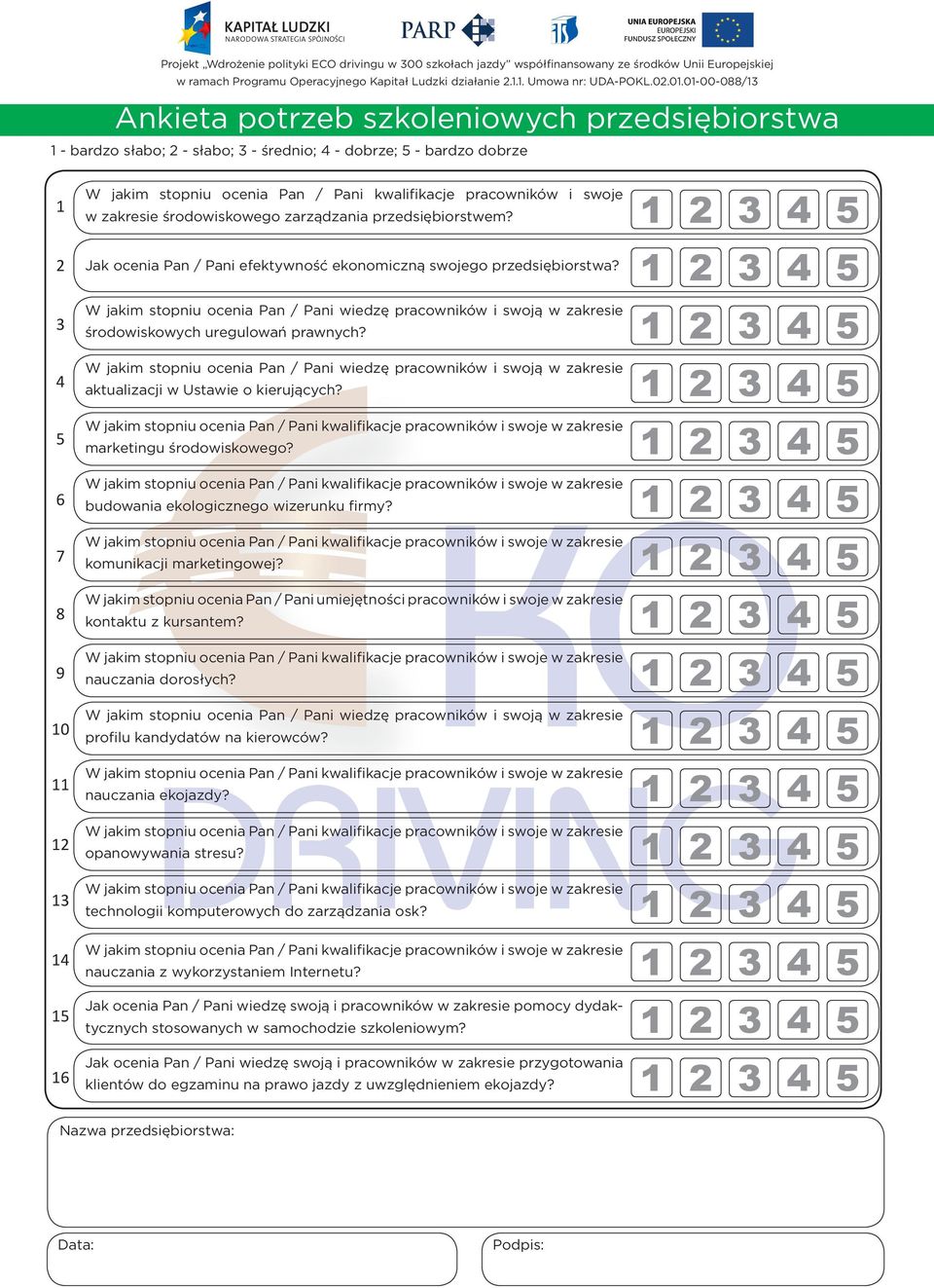 0.0-00-088/ Ankieta potrzeb szkoleniowych przedsiębiorstwa - bardzo słabo; - słabo; - średnio; - dobrze; - bardzo dobrze W jakim stopniu ocenia Pan / Pani kwalifikacje pracowników i swoje w zakresie