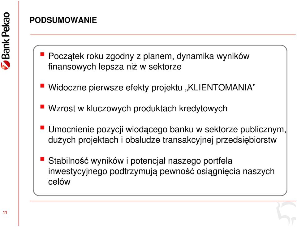 wiodącego banku w sektorze publicznym, dużych projektach i obsłudze transakcyjnej przedsiębiorstw