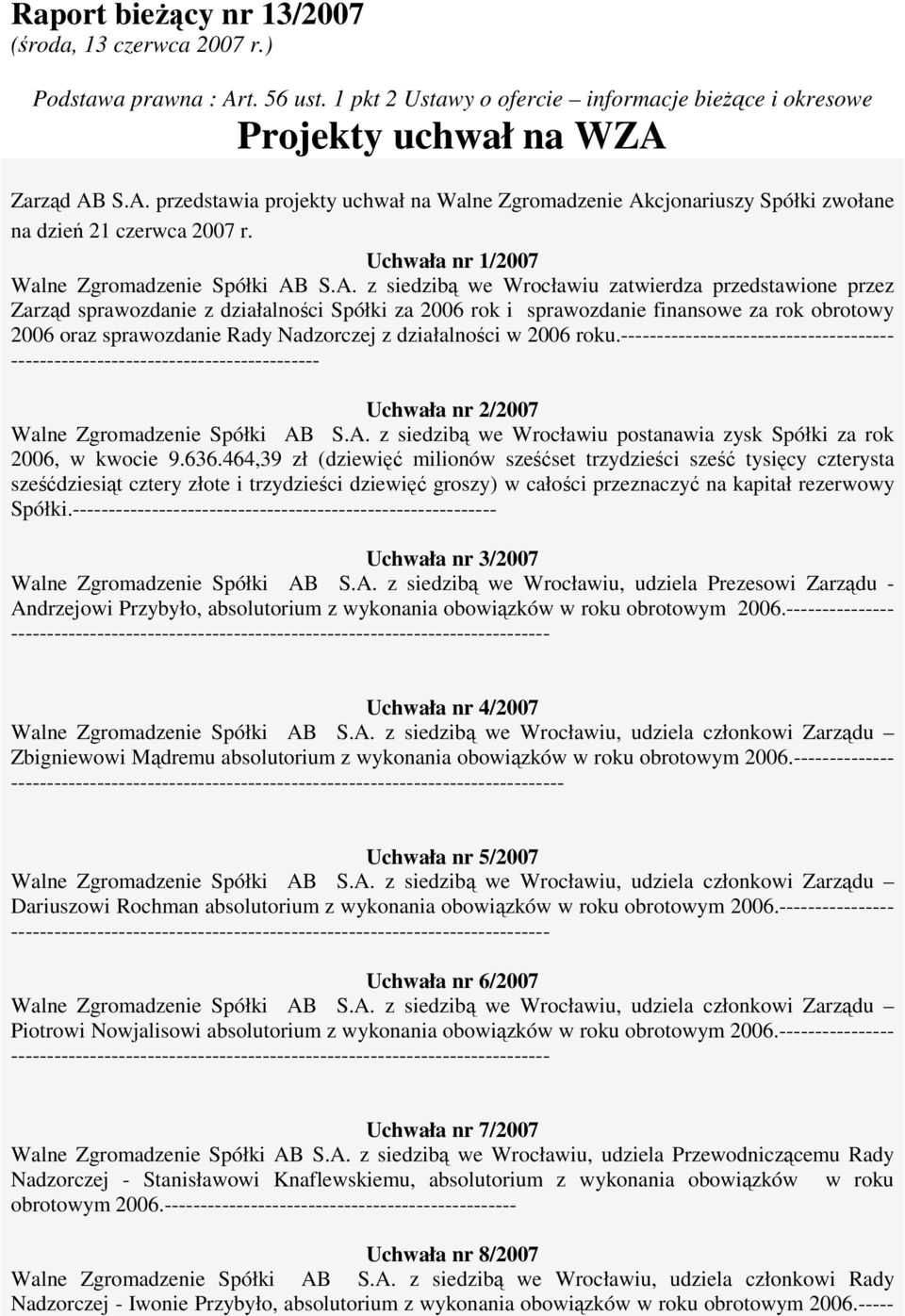 S.A. z siedzibą we Wrocławiu zatwierdza przedstawione przez Zarząd sprawozdanie z działalności Spółki za 2006 rok i sprawozdanie finansowe za rok obrotowy 2006 oraz sprawozdanie Rady Nadzorczej z