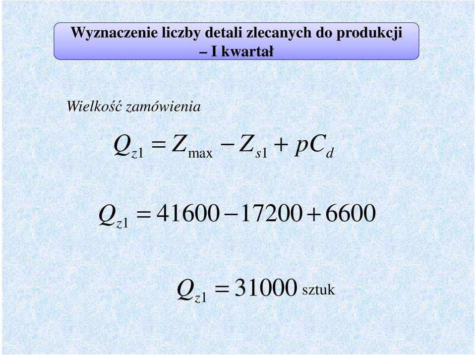 zamówienia Q + z1 = max s1 C Q z =