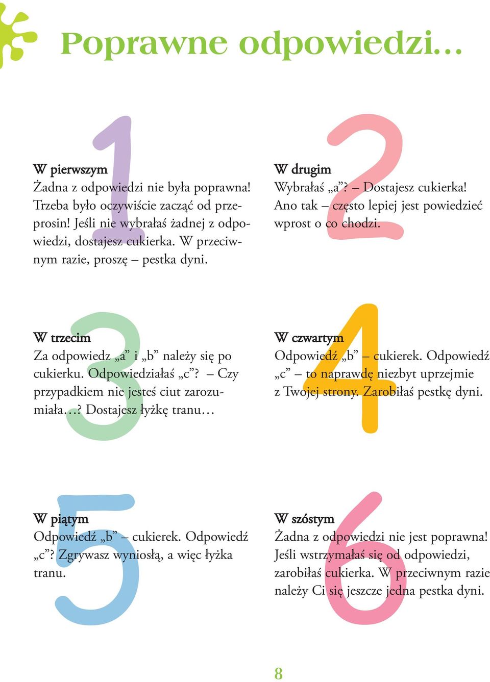 Dostajesz łyżkę tranu W piątym Odpowiedź b cukierek. Odpowiedź c? Zgrywasz wyniosłą, a więc łyżka tranu. 2 W drugim Wybrałaś a? Dostajesz cukierka!