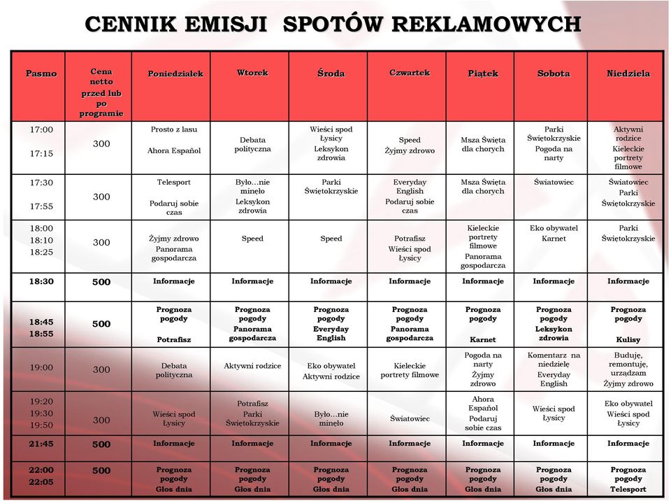 Było nie minęło Leksykon zdrowia Parki Świętokrzyskie Everyday English Podaruj sobie czas Msza Święta dla chorych Światowiec Światowiec Parki Świętokrzyskie 18:00 18:10 18:25 śyjmy zdrowo Panorama