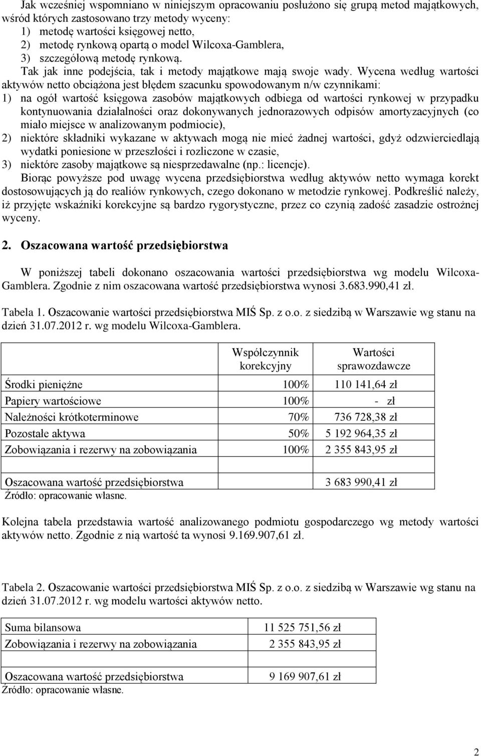 Wycena według wartości aktywów netto obciążona jest błędem szacunku spowodowanym n/w czynnikami: 1) na ogół wartość księgowa zasobów majątkowych odbiega od wartości rynkowej w przypadku kontynuowania