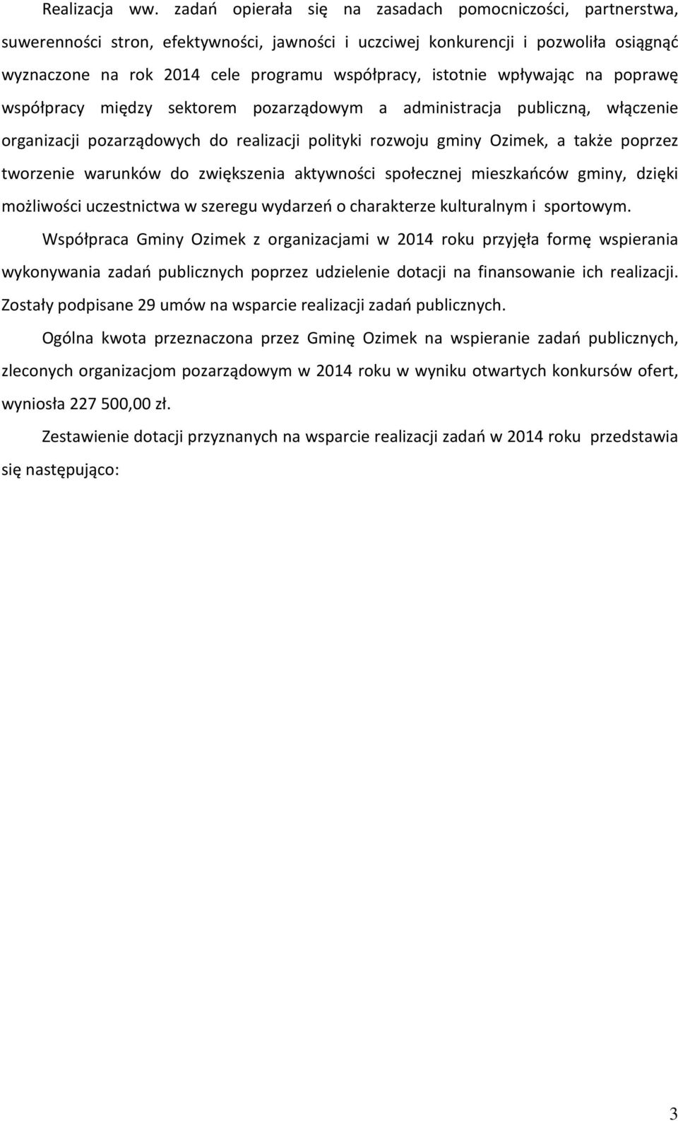 istotnie wpływając na poprawę współpracy między sektorem pozarządowym a administracja publiczną, włączenie organizacji pozarządowych do realizacji polityki rozwoju gminy Ozimek, a także poprzez