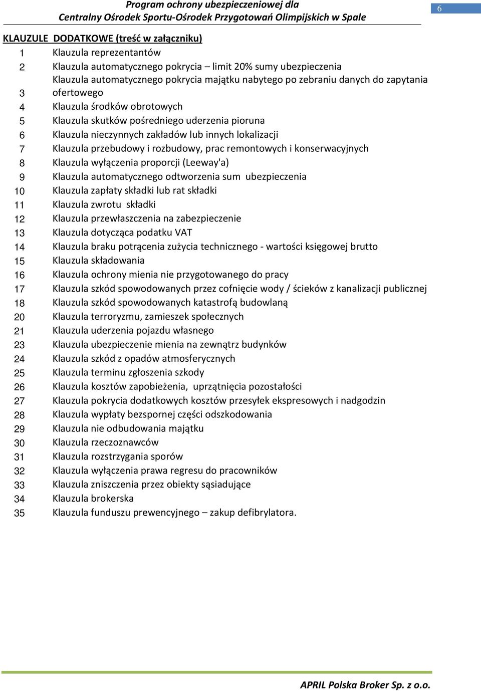 rozbudowy, prac remontowych i konserwacyjnych 8 Klauzula wyłączenia proporcji (Leeway'a) 9 Klauzula automatycznego odtworzenia sum ubezpieczenia 10 Klauzula zapłaty składki lub rat składki 11