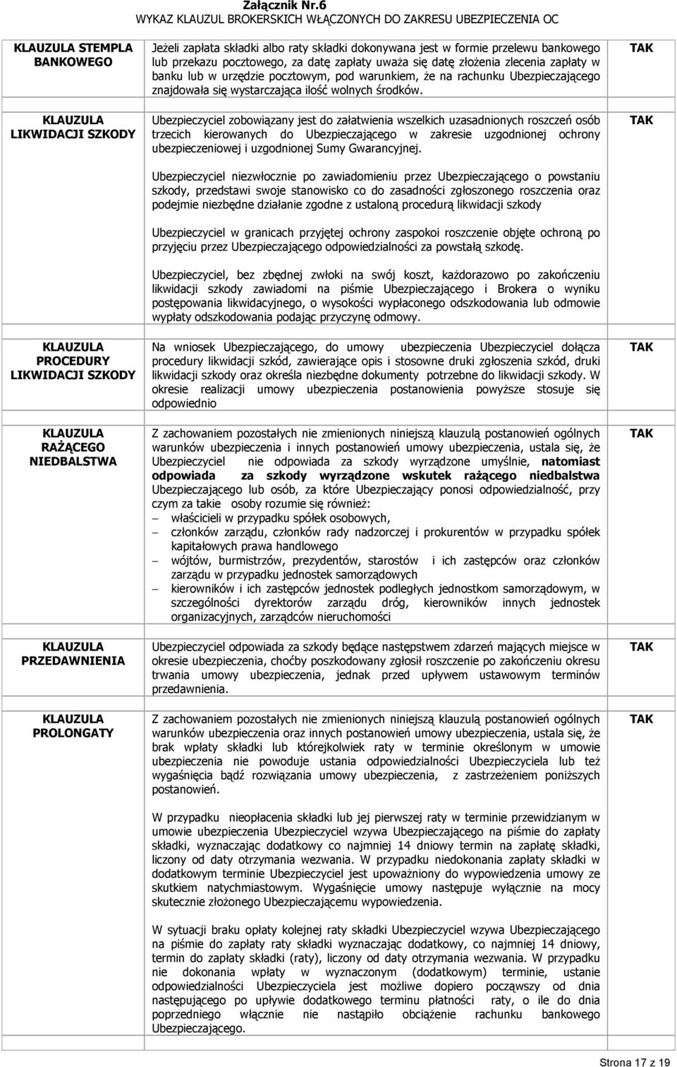 PRZEDAWNIA KLAUZULA PROLONGATY Jeżeli zapłata składki albo raty składki dokonywana jest w formie przelewu bankowego lub przekazu pocztowego, za datę zapłaty uważa się datę złożenia zlecenia zapłaty w