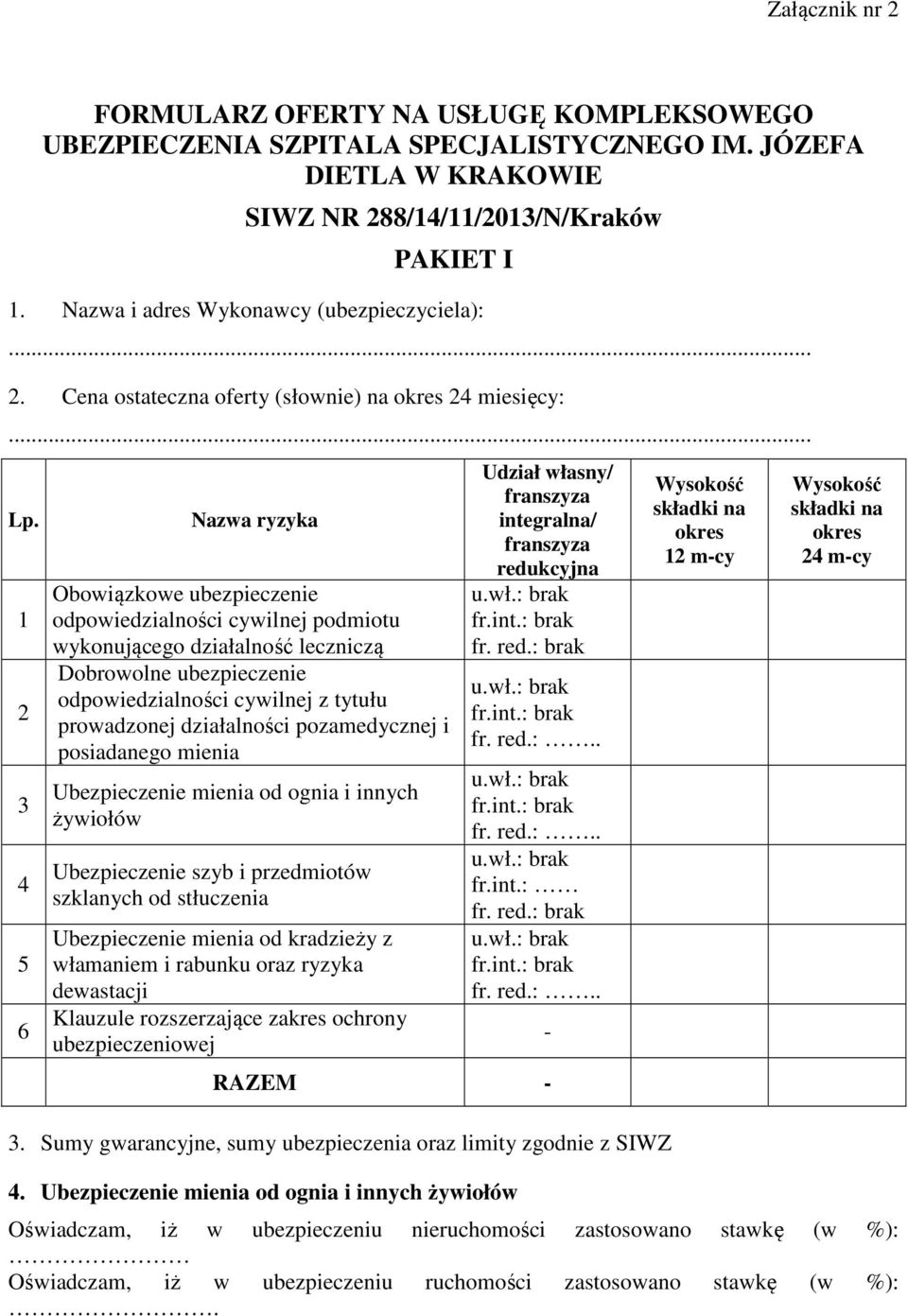 1 2 3 4 5 6 Nazwa ryzyka Obowiązkowe ubezpieczenie odpowiedzialności cywilnej podmiotu wykonującego działalność leczniczą Dobrowolne ubezpieczenie odpowiedzialności cywilnej z tytułu prowadzonej