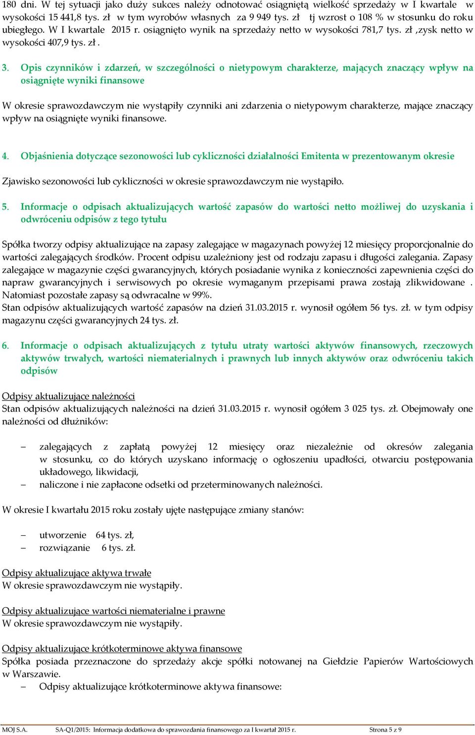 Opis czynników i zdarzeń, w szczególnści nietypwym charakterze, mających znaczący wpływ na siągnięte wyniki finanswe W kresie sprawzdawczym nie wystąpiły czynniki ani zdarzenia nietypwym charakterze,