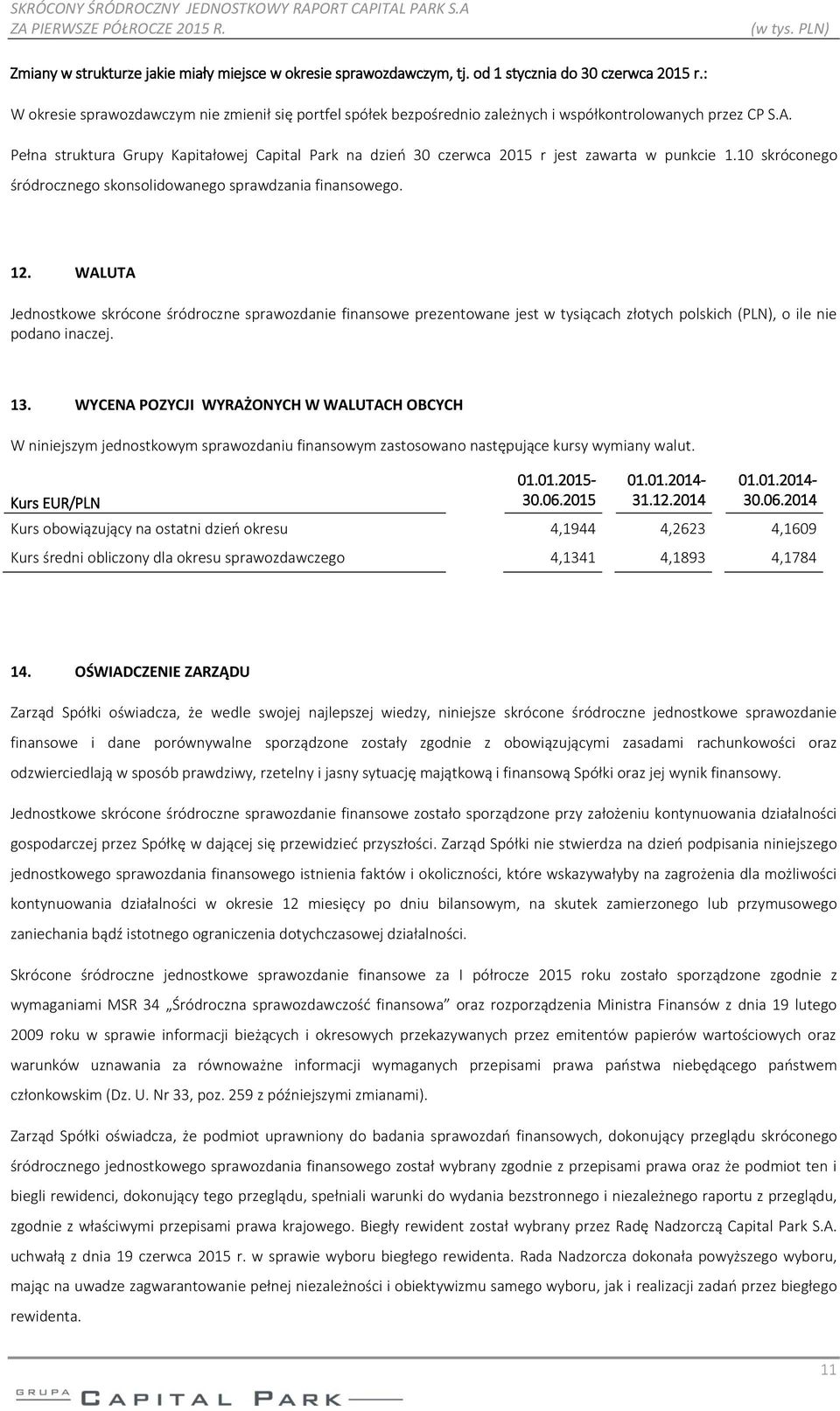 Pełna struktura Grupy Kapitałowej Capital Park na dzień 30 czerwca 2015 r jest zawarta w punkcie 1.10 skróconego śródrocznego skonsolidowanego sprawdzania finansowego. 12.