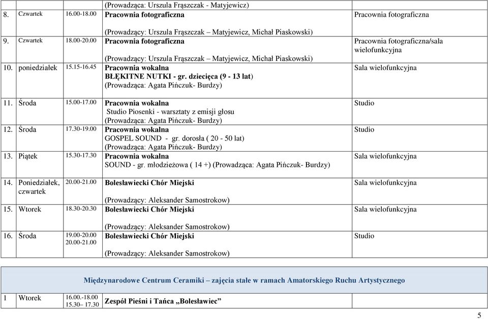 dziecięca (9-13 lat) (Prowadząca: Agata Pińczuk- Burdzy) 11. 15.00-17.00 Pracownia wokalna Studio Piosenki - warsztaty z emisji głosu (Prowadząca: Agata Pińczuk- Burdzy) 12. 17.30-19.