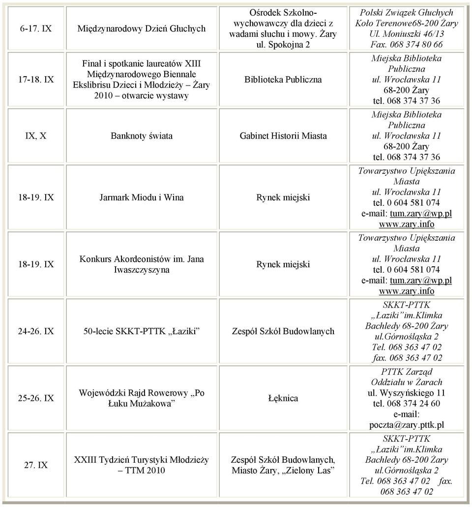 Spokojna 2 Biblioteka IX, X Banknoty świata Gabinet Historii Miasta 18-19. IX Jarmark Miodu i Wina Rynek miejski 18-19. IX Konkurs Akordeonistów im. Jana Iwaszczyszyna Rynek miejski 24-26.