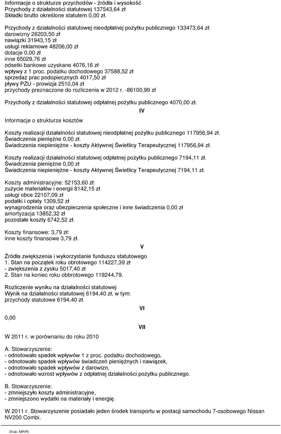 bankowe uzyskane 4076,16 zł wpływy z 1 proc. podatku dochodowego 37588,52 zł sprzedaż prac podopiecznych 4017,50 zł pływy PZU - prowizja 2510,04 zł przychody preznaczone do rozliczenia w 2012 r.