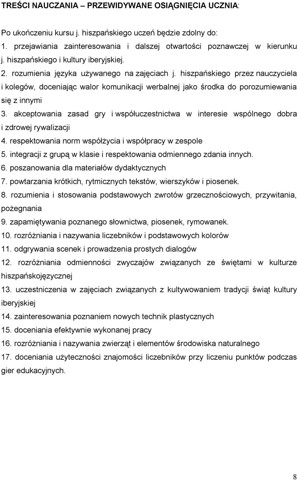 hiszpańskiego przez nauczyciela i kolegów, doceniając walor komunikacji werbalnej jako środka do porozumiewania się z innymi 3.