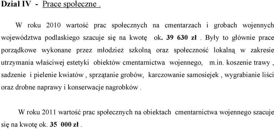 Były to głównie prace porządkowe wykonane przez młodzieŝ szkolną oraz społeczność lokalną w zakresie utrzymania właściwej estetyki obiektów