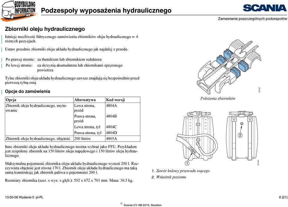 Po prawej stronie: za tłumikiem lub zbiornikiem reduktora Po lewej stronie: za skrzynią akumulatora lub zbiornikami sprężonego powietrza Tylne zbiorniki oleju układu hydraulicznego zawsze znajdują