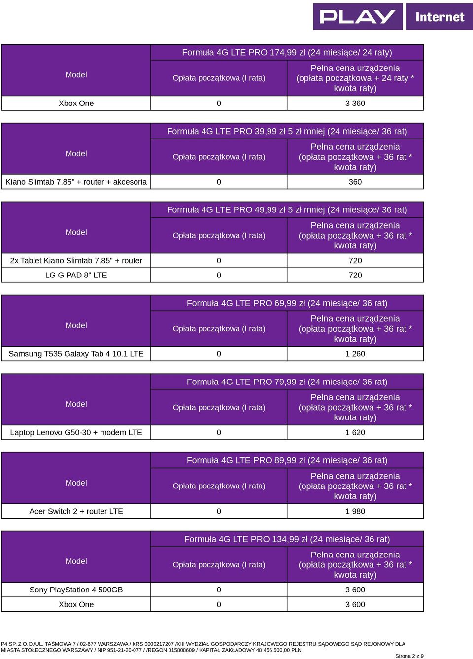 85" + router 0 720 LG G PAD 8" LTE 0 720 Formuła 4G LTE PRO 69,99 zł (24 miesiące/ 36 rat) Samsung T535 Galaxy Tab 4 10.