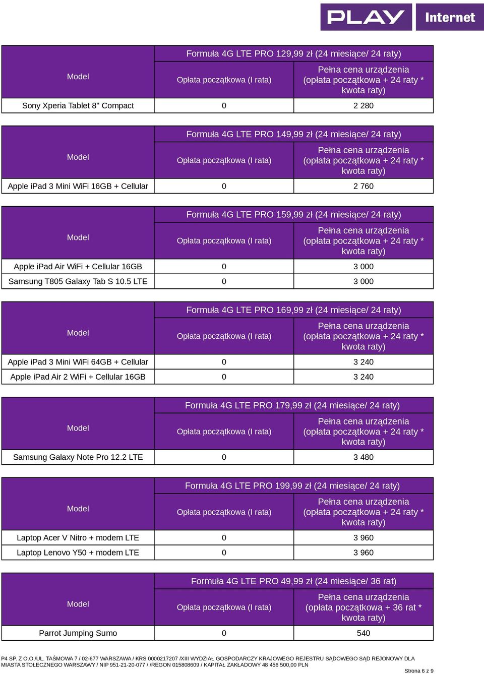 5 LTE 0 3 000 Formuła 4G LTE PRO 169,99 zł (24 miesiące/ 24 raty) Apple ipad 3 Mini WiFi 64GB + Cellular 0 3 240 Apple ipad Air 2 WiFi + Cellular 16GB 0 3 240 Formuła 4G LTE PRO 179,99 zł (24